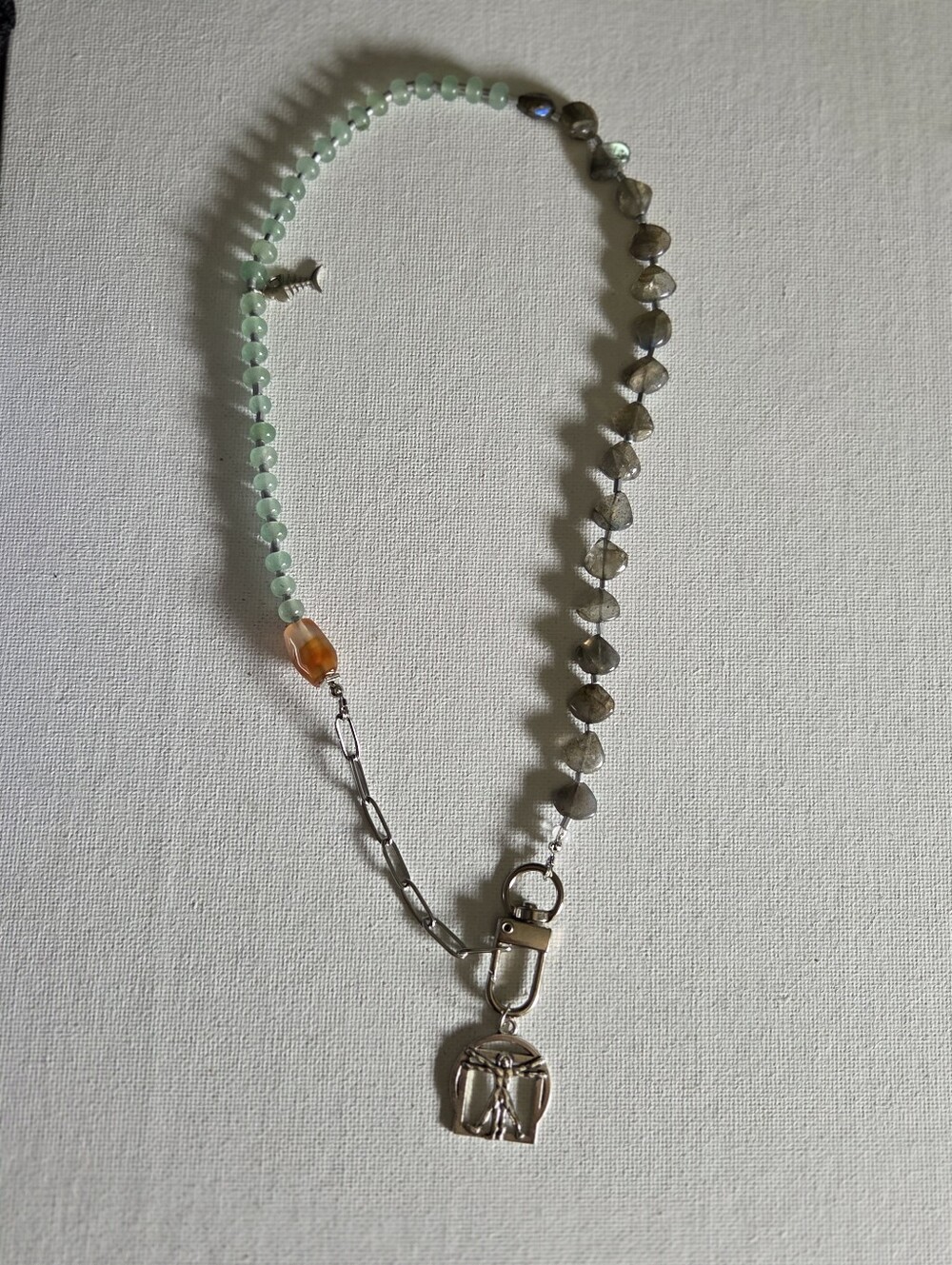 Green Aventurine Labradorite Beaded Pendant Necklace with Silver Vitruvian Charm